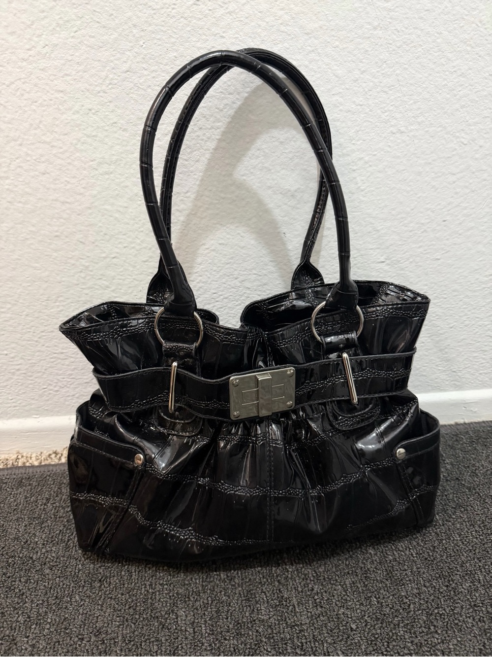 Black Patent Tote Handbag with Silver Hardware
